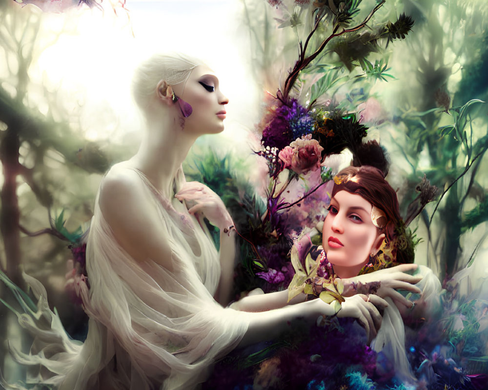 Ethereal women in lush flora setting with contrasting attire