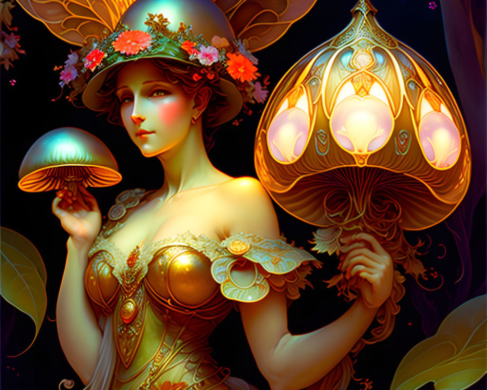 Art Nouveau Woman with Mushroom Lamp in Gold and Flowers