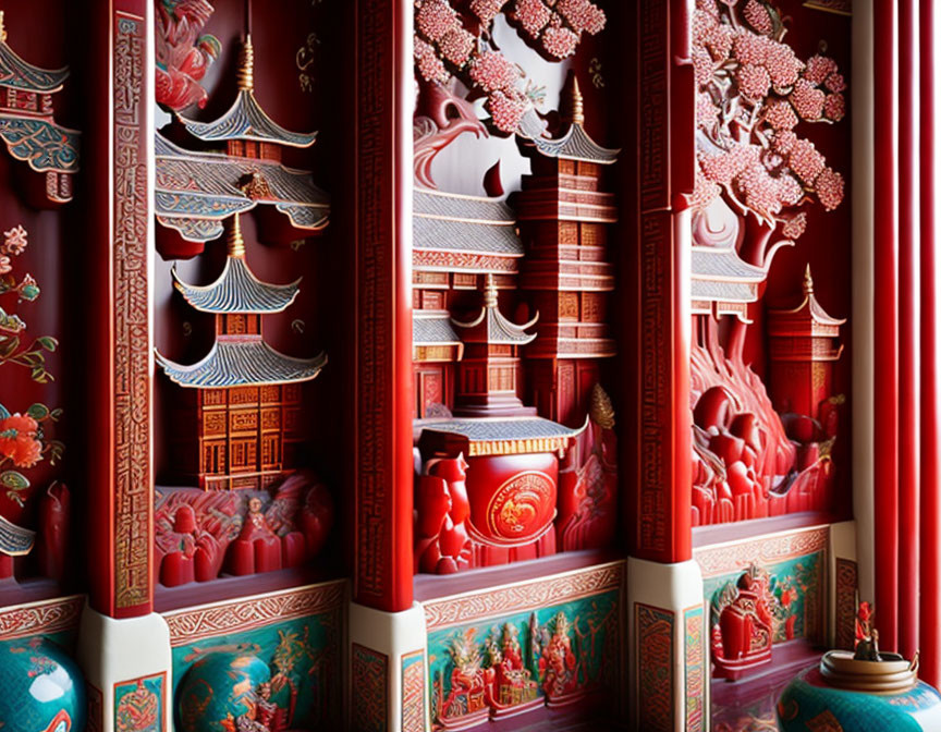 Detailed Red and Gold Traditional Chinese Architectural Carvings