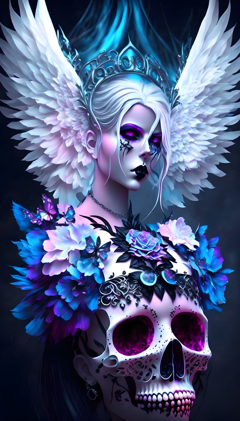 Fantasy illustration of figure with pale skin, white hair, dark makeup, floral skull headdress,