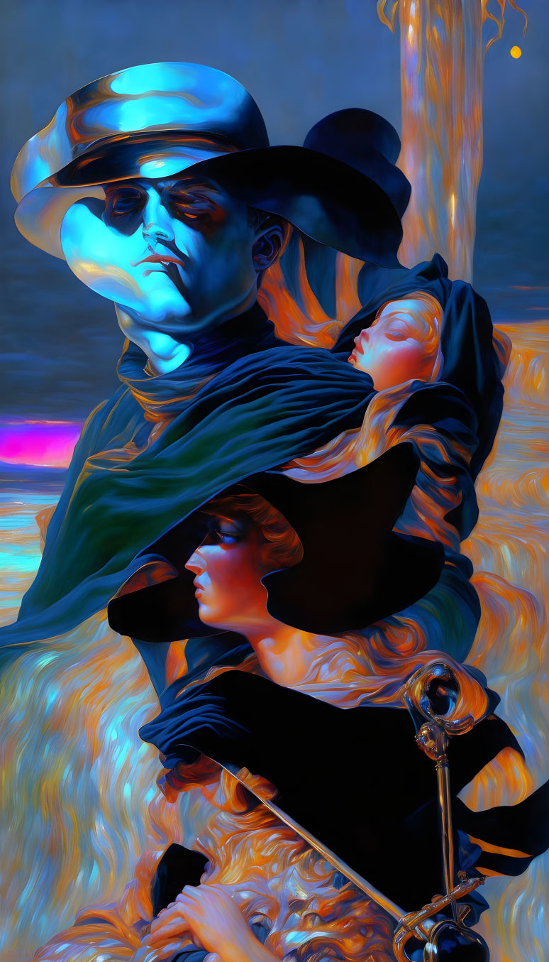 Abstract digital art: Three figures in blue tones with hats on warm background