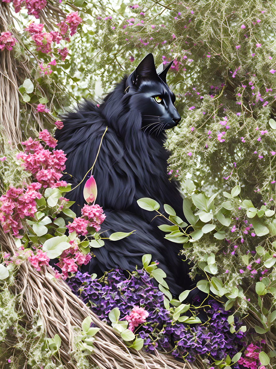 Majestic black cat with yellow eyes in lush greenery and colorful flowers