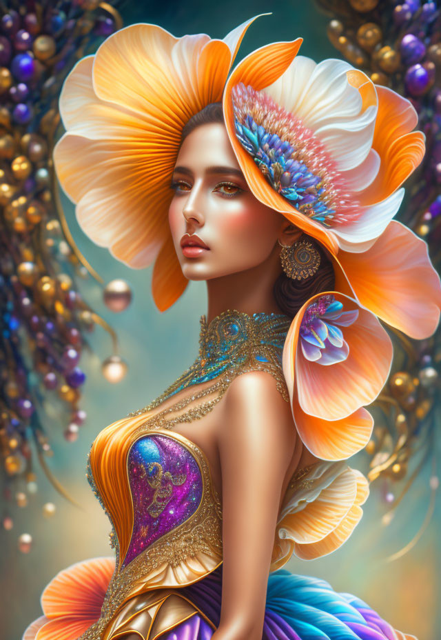Vibrant digital art portrait of a woman in floral attire against ethereal backdrop