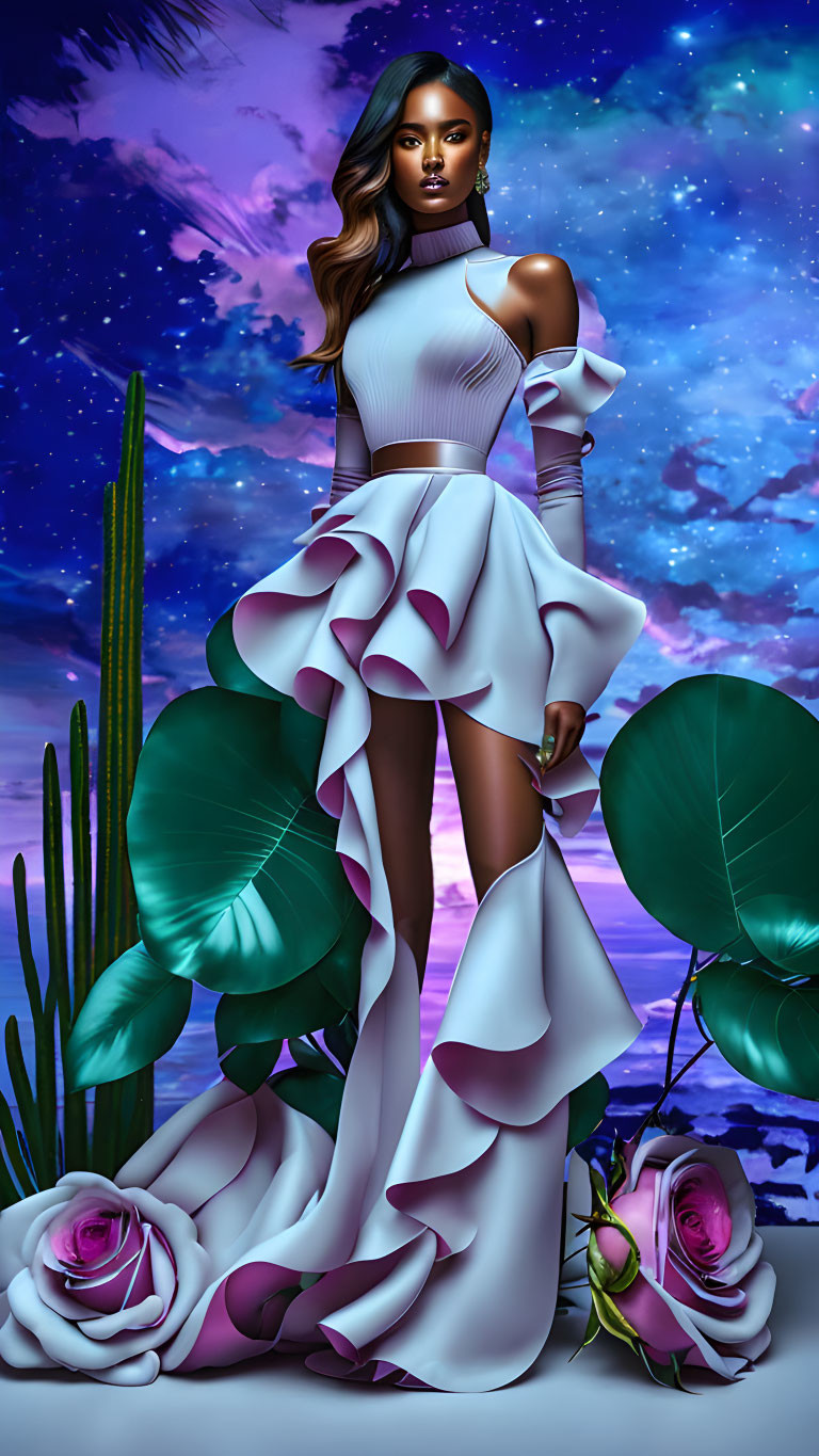 Illustrated woman in white gown under twilight sky with cacti and roses