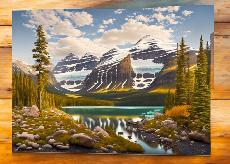 Snow-capped mountain landscape with lake and forest - wall art print