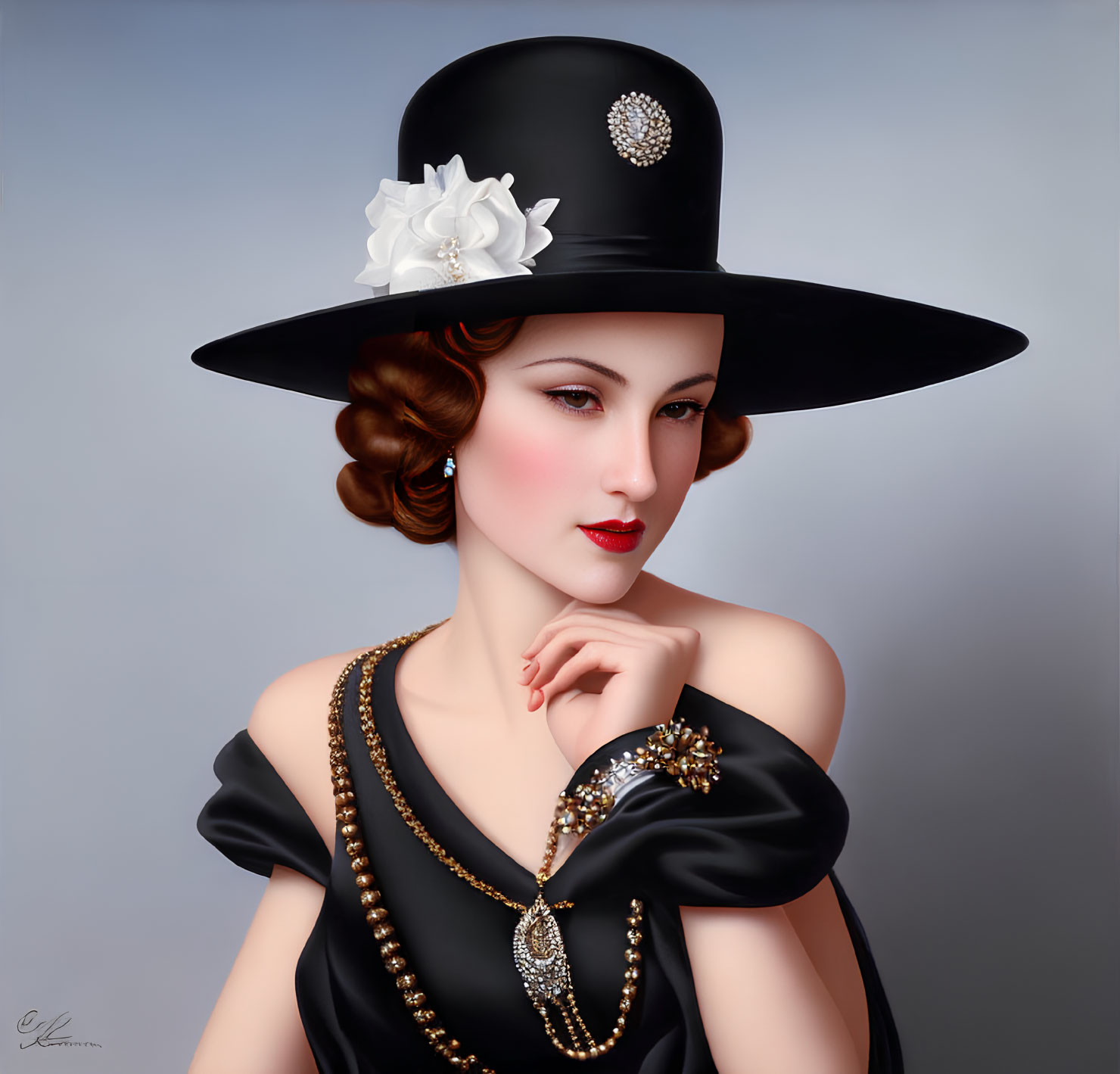 Illustrated portrait of elegant woman in wide-brimmed hat and black dress