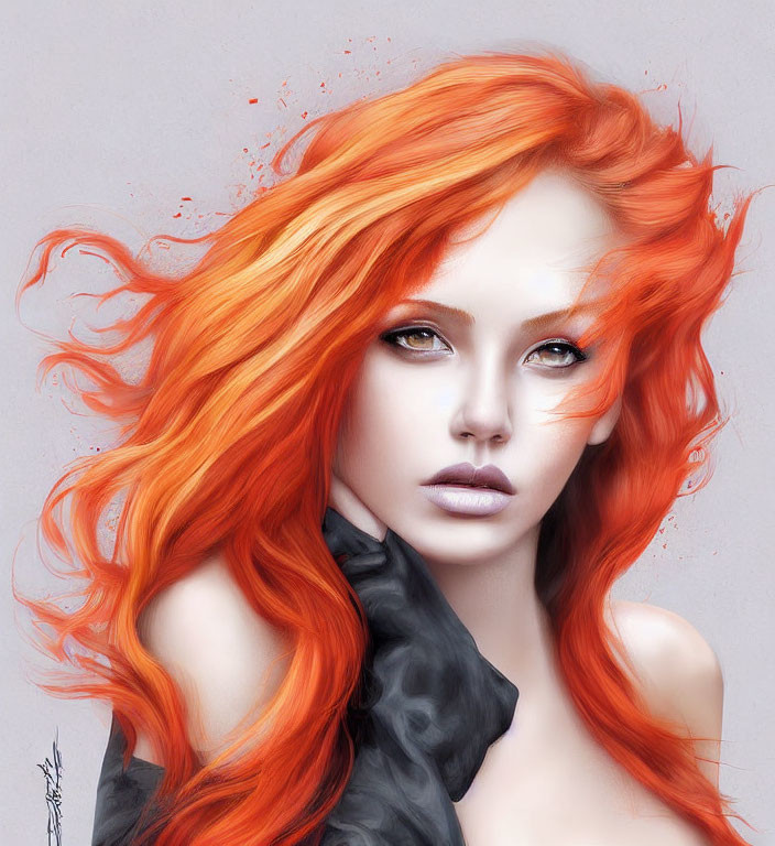 Illustration of person with fiery red hair and captivating eyes on soft grey backdrop.