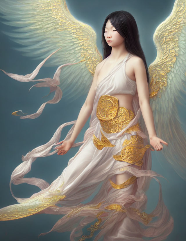 Angel with Wings in White and Gold Outfit on Blue Background