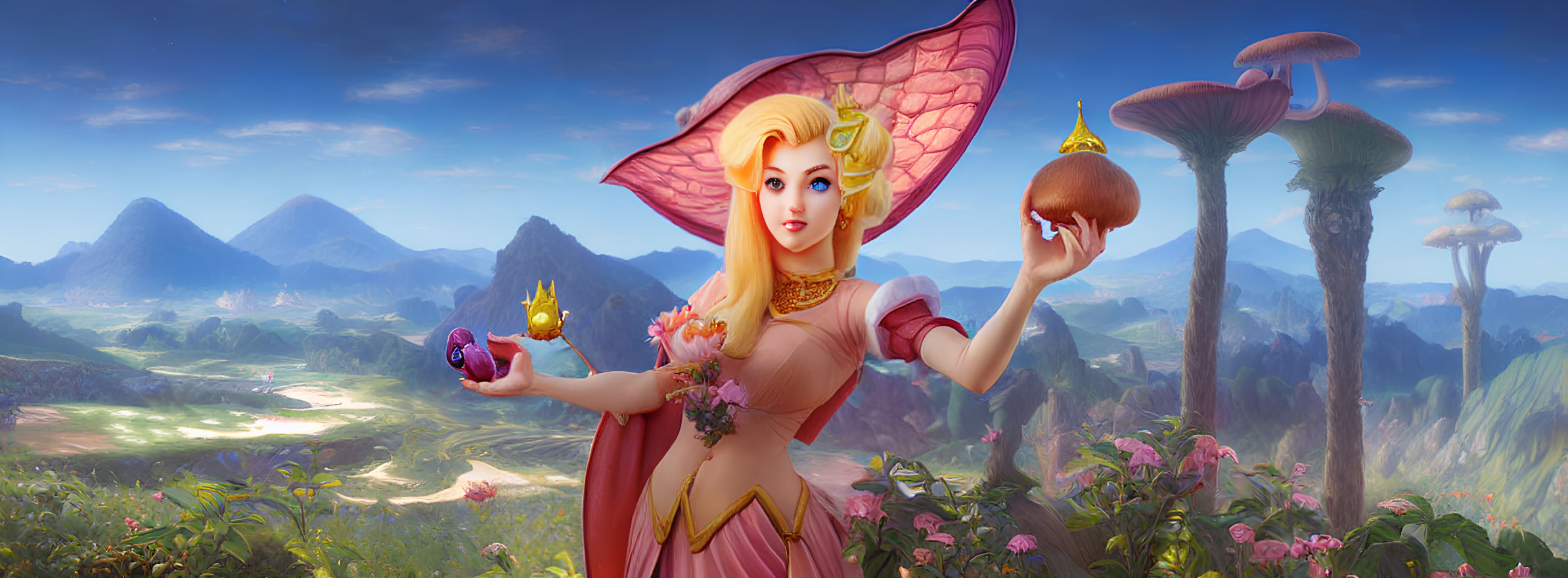 Pink-winged fairy with glowing fruit in fantasy landscape