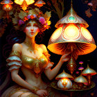 Art Nouveau Woman with Mushroom Lamp in Gold and Flowers