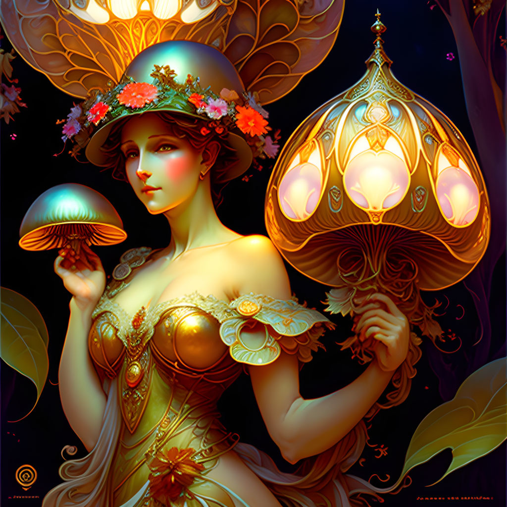 Art Nouveau Woman with Mushroom Lamp in Gold and Flowers