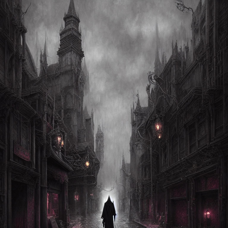 Mysterious figure in cloak on foggy gothic street