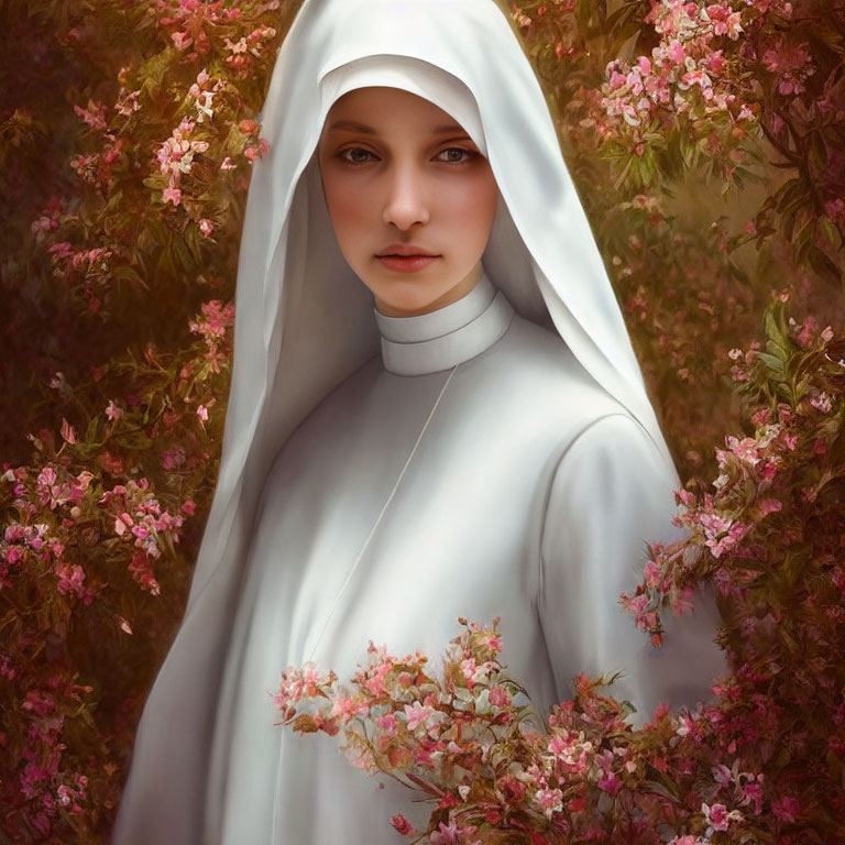 Woman in White Habit Surrounded by Pink Flowers