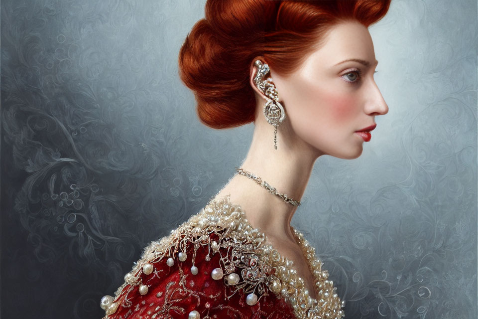 Intricate Red Hair Updo and Adorned Vintage Red Dress