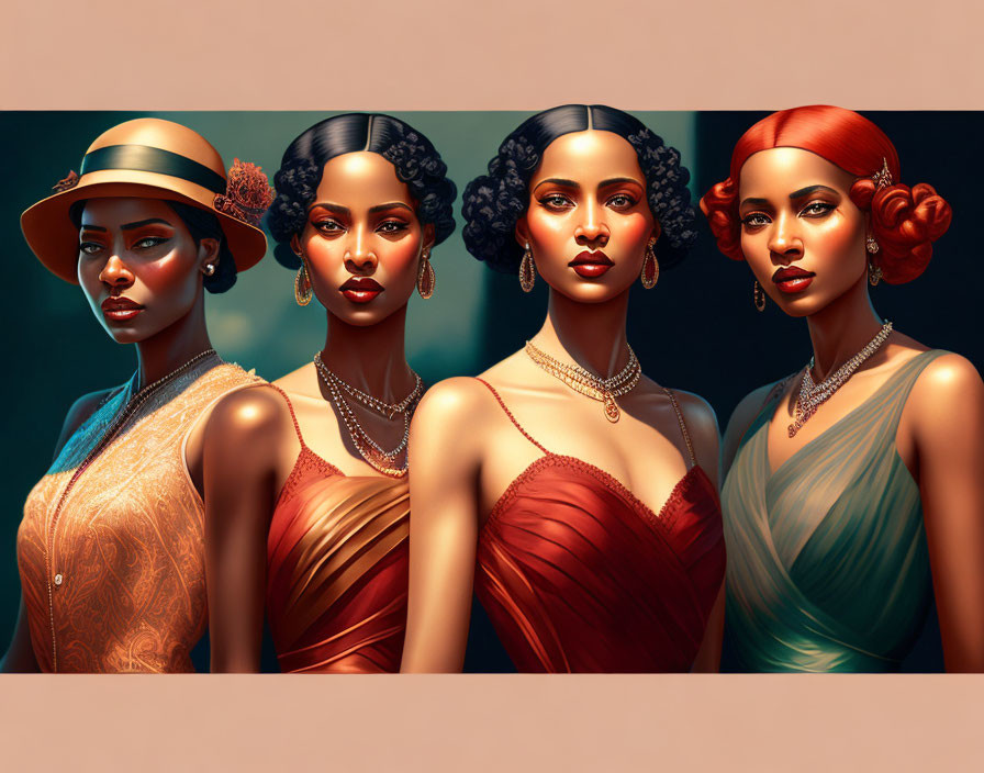 Stylized women with vintage hairstyles and attire against warm backdrop