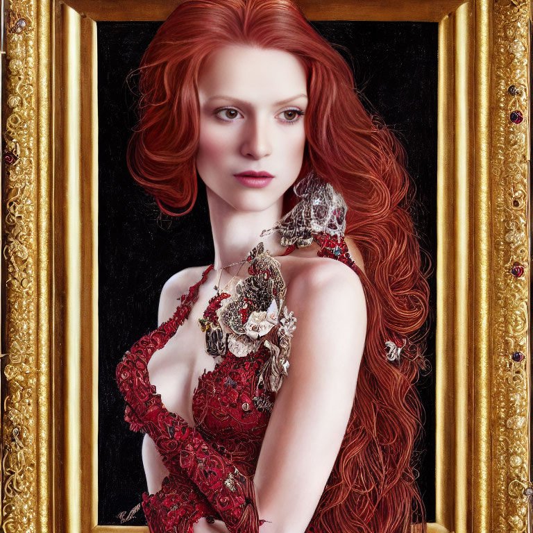 Detailed portrait of woman with flowing red hair and lace dress in ornate frame