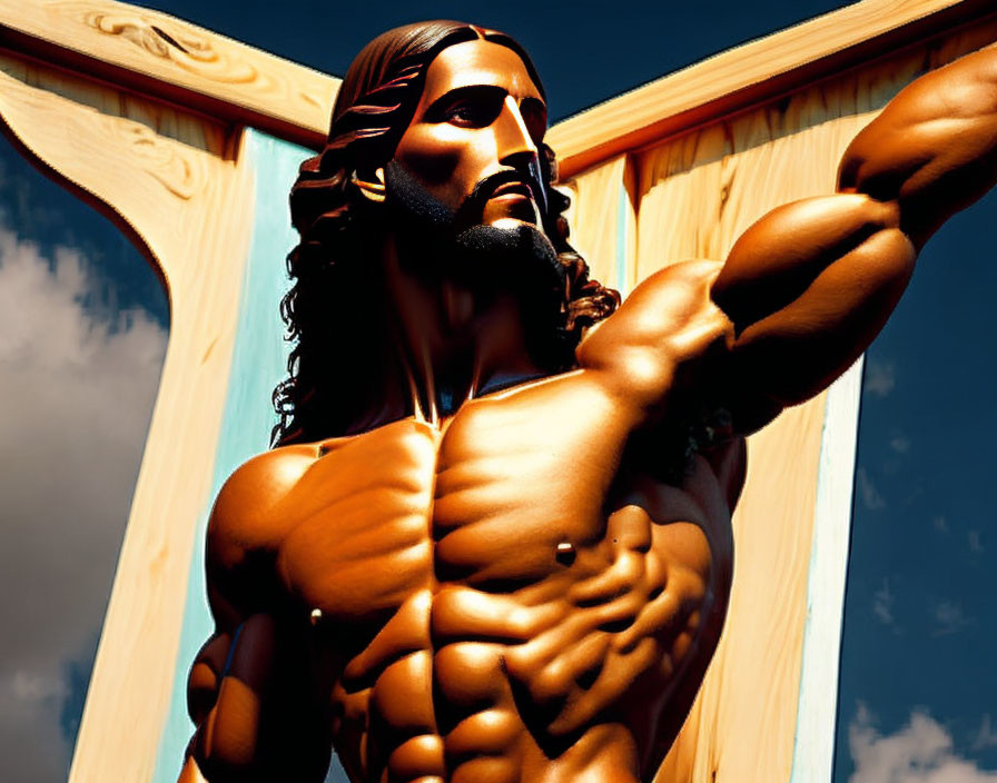 Muscular figure with long hair flexes against blue sky and pillar.