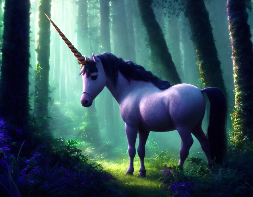 Majestic unicorn in mystical forest with sunlight filtering through trees