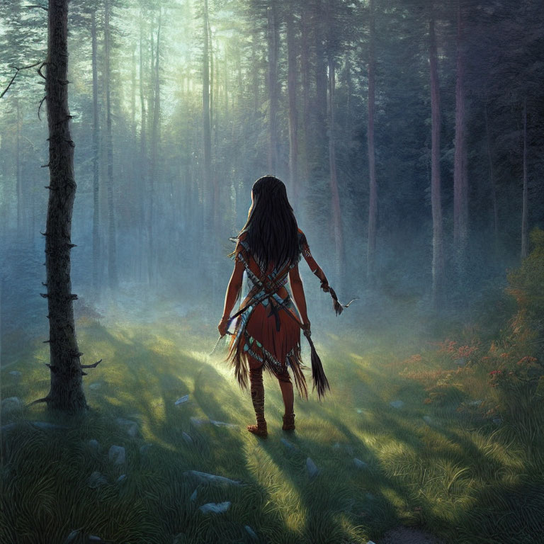 Tribal attire person with bow in sunlit forest