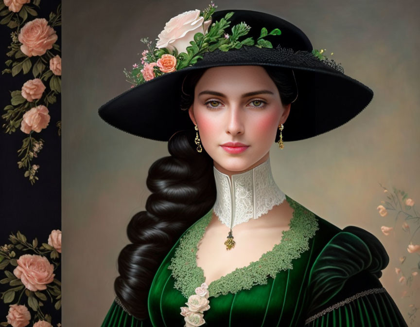 Vintage green dress with lace collar and wide-brimmed hat portrait.