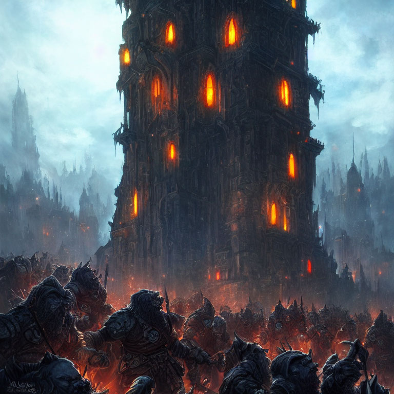 Armored orcs march towards dark fortress under glowing orange windows