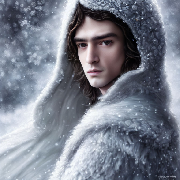 Digital portrait of person with shoulder-length wavy hair in fur-lined hooded cloak against snowy backdrop