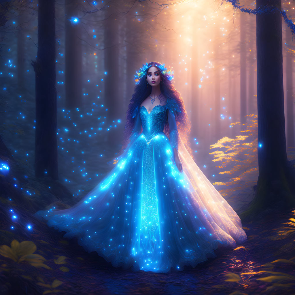 Woman in Glowing Blue Dress in Enchanting Forest with Light Orbs and Mist