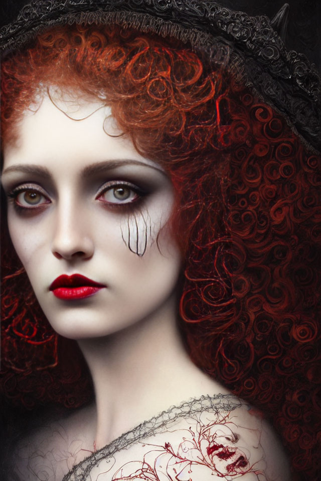 Portrait of woman with curly red hair, pale skin, red lips, and teardrop detail.