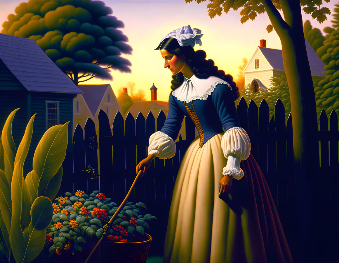 Vintage-clad woman tending garden at sunset