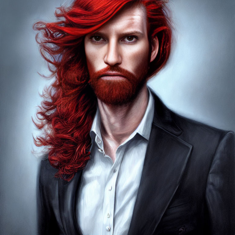 Serious man with red hair and beard in black blazer portrait