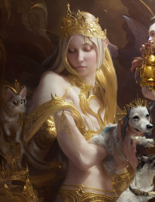 Blonde woman in golden armor holding rabbit surrounded by fanciful creatures