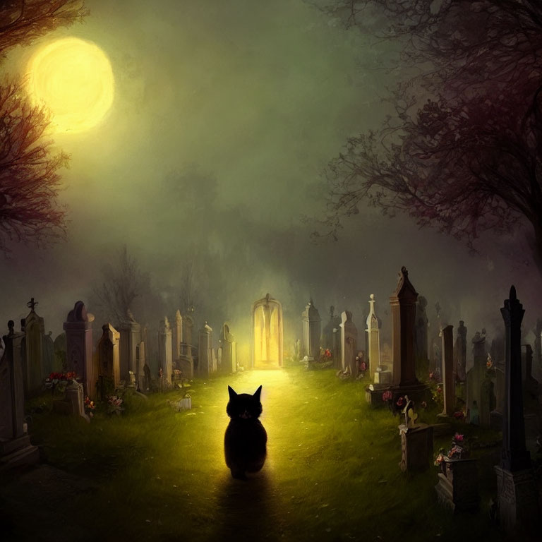 Cat sitting by glowing archway in moonlit graveyard with tombstones and tree