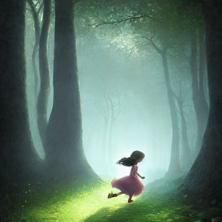 Young girl in pink dress running through misty sunlit forest with tall trees