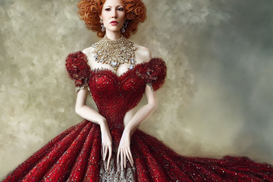 Striking Red-Haired Woman in Ornate Red Gown & Gold Necklace