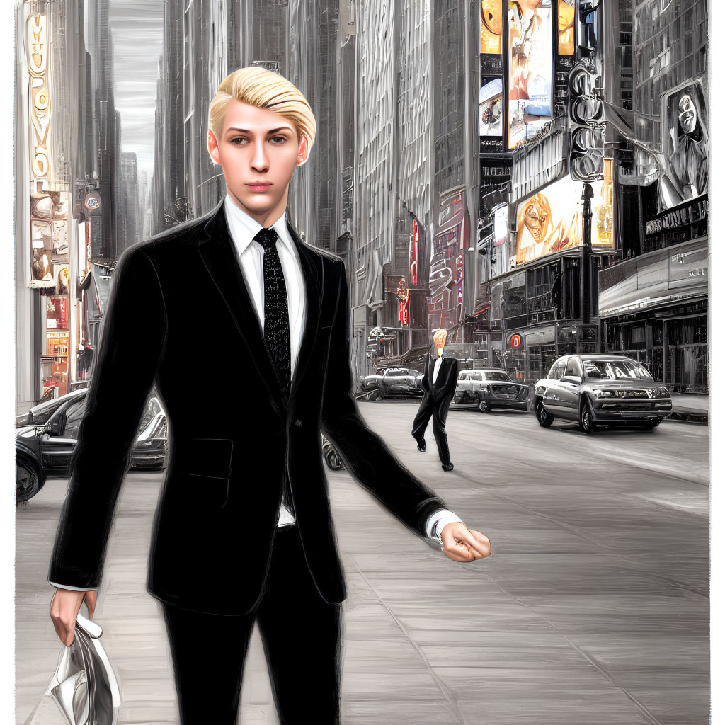 Blond man in black suit on urban street with cars and ads