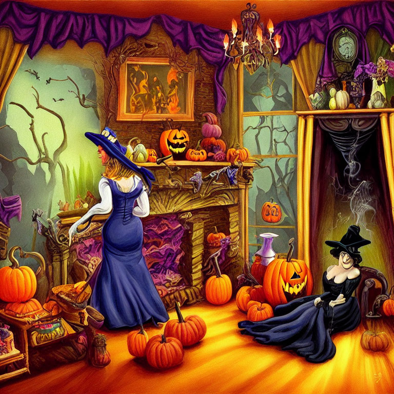 Vibrant witch's room with pumpkins, potions, broom, and cauldron