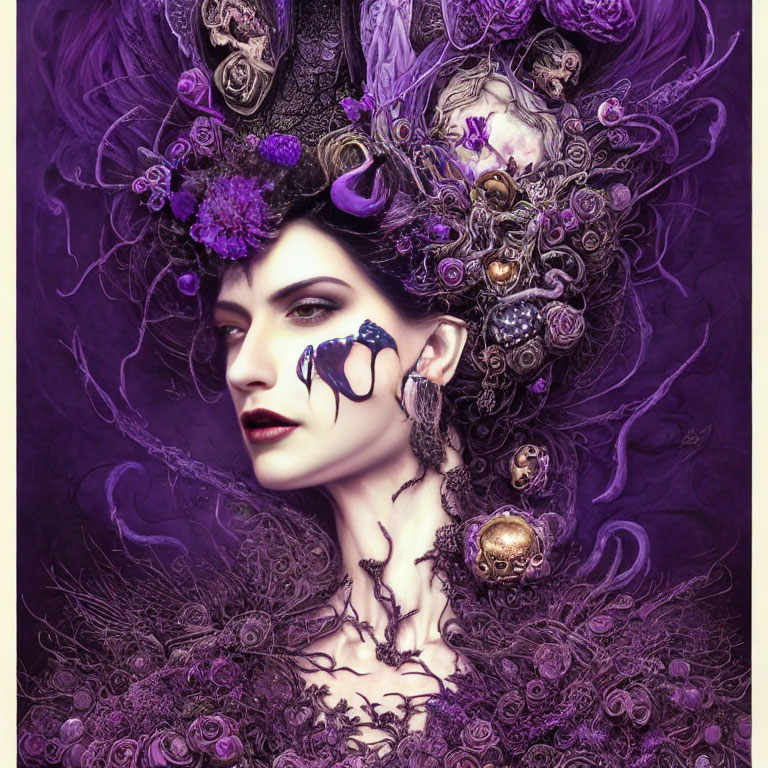 Surreal portrait of woman with intricate purple and black headwear