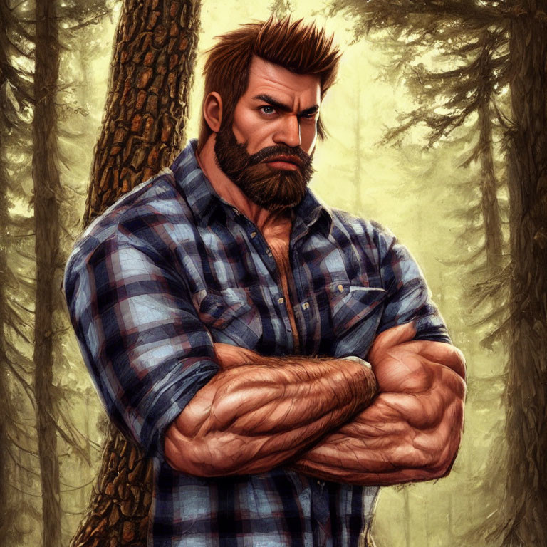 Muscular man with beard in plaid shirt standing in forest crossed arms.