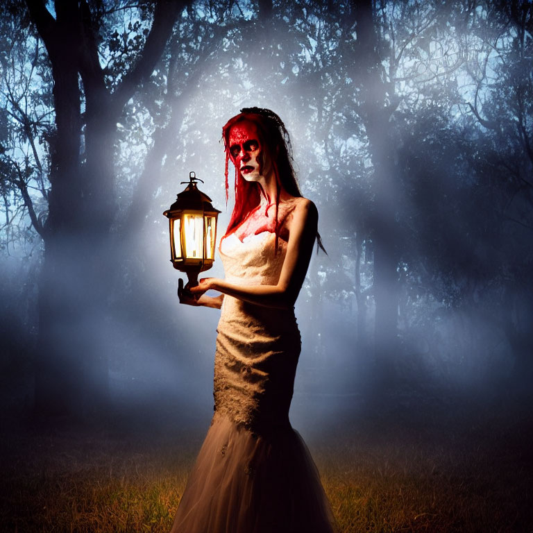 Person in eerie skull makeup and bridal gown with lantern in misty woods