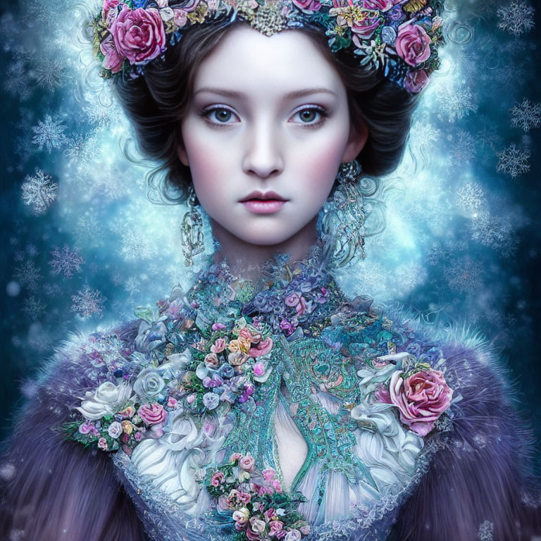 Digital artwork: Woman in floral crown and intricate dress on frosty blue background