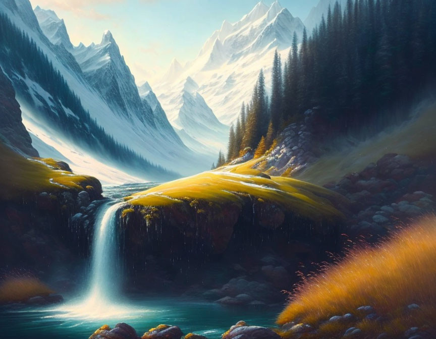 Tranquil landscape with waterfall, river, and snow-capped mountains