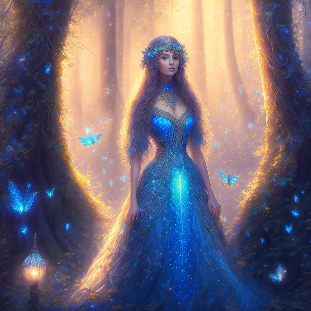 Mystical woman in blue gown in enchanted forest with glowing butterflies