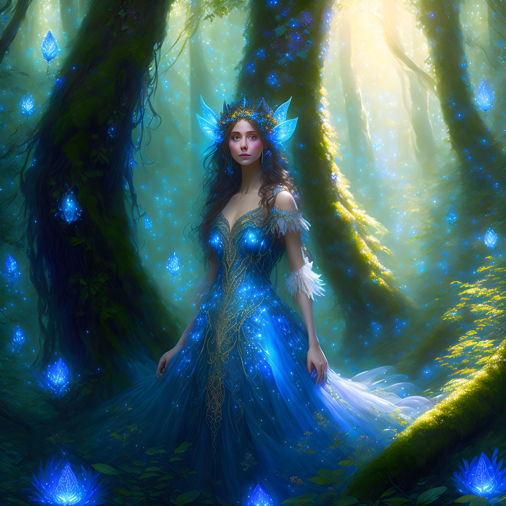 Mystical woman in blue gown and crown surrounded by glowing flowers in enchanted forest