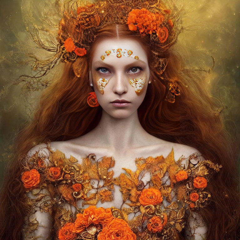 Striking Red-Haired Woman with Orange Flowers and Gold Leaf Makeup