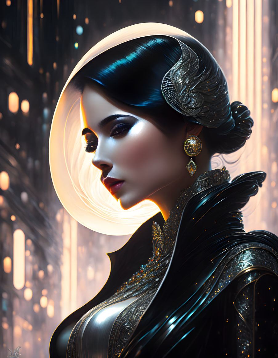 Stylized portrait of a woman with golden headdress against futuristic cityscape