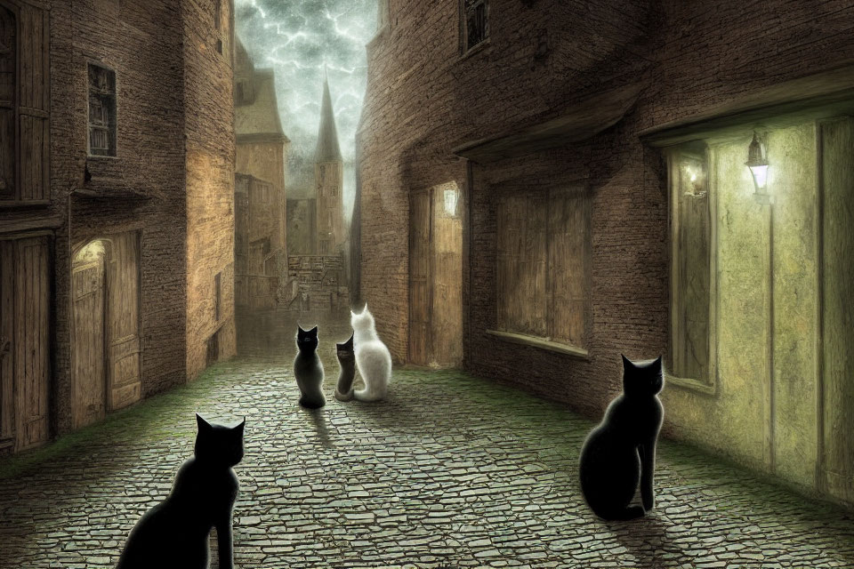 Three cats in eerie cobblestone alley with old buildings under greenish light.