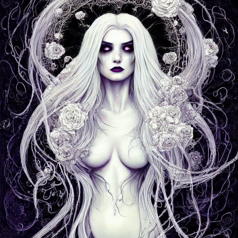 Illustration of mystical woman with pale skin, white hair, dark lipstick, and swirling patterns.