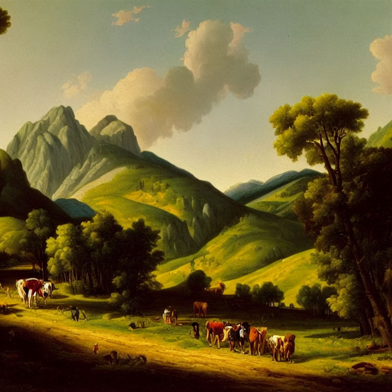 Countryside landscape with cows, figures, hills, and mountains under cloudy sky