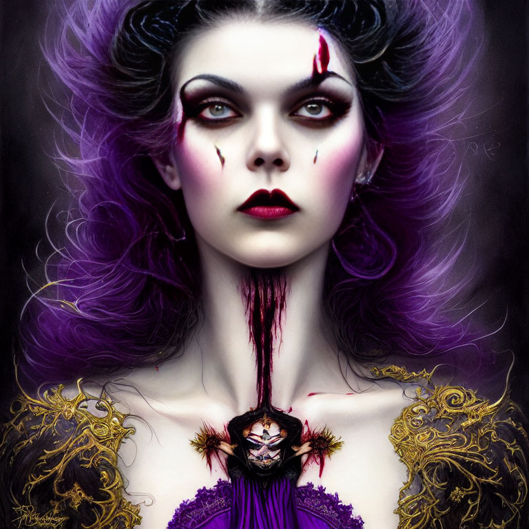 Gothic portrait of woman with purple hair, dark makeup, gold detailing