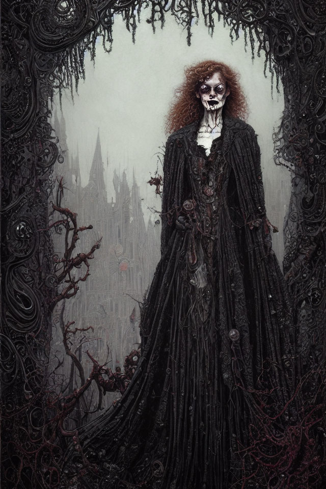 Gothic Figure in Skull Mask with Dark Costume and Spooky Castle Backdrop